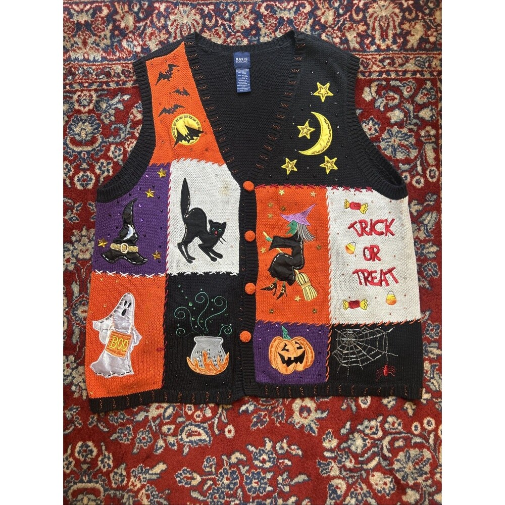 Vintage Basic Editions Halloween Patchwork Embroidered Sweater Vest Sz XL